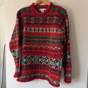 Fair Isle Crewneck Sweater in Red with Green & Navy Accents